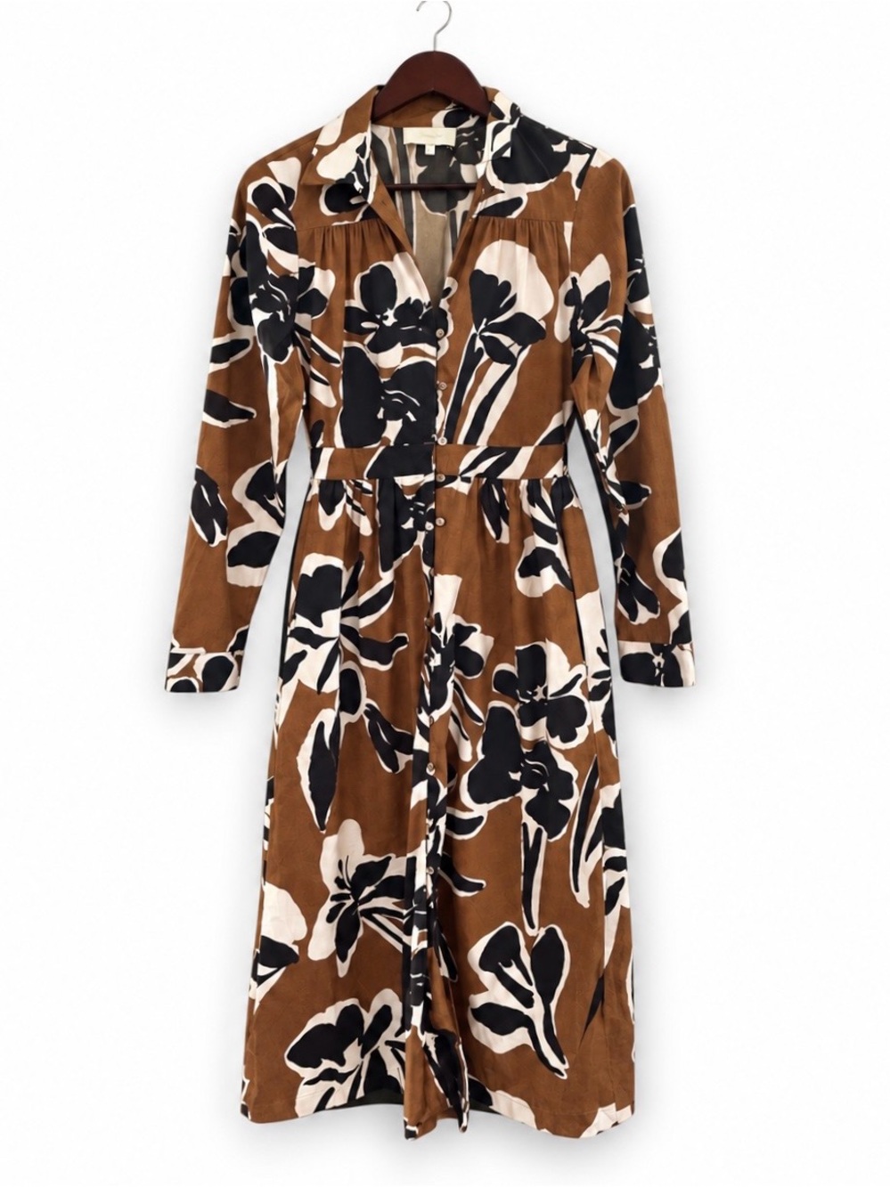 Cleobella Blanche Floral Midi Shirt Dress XS Brown Black